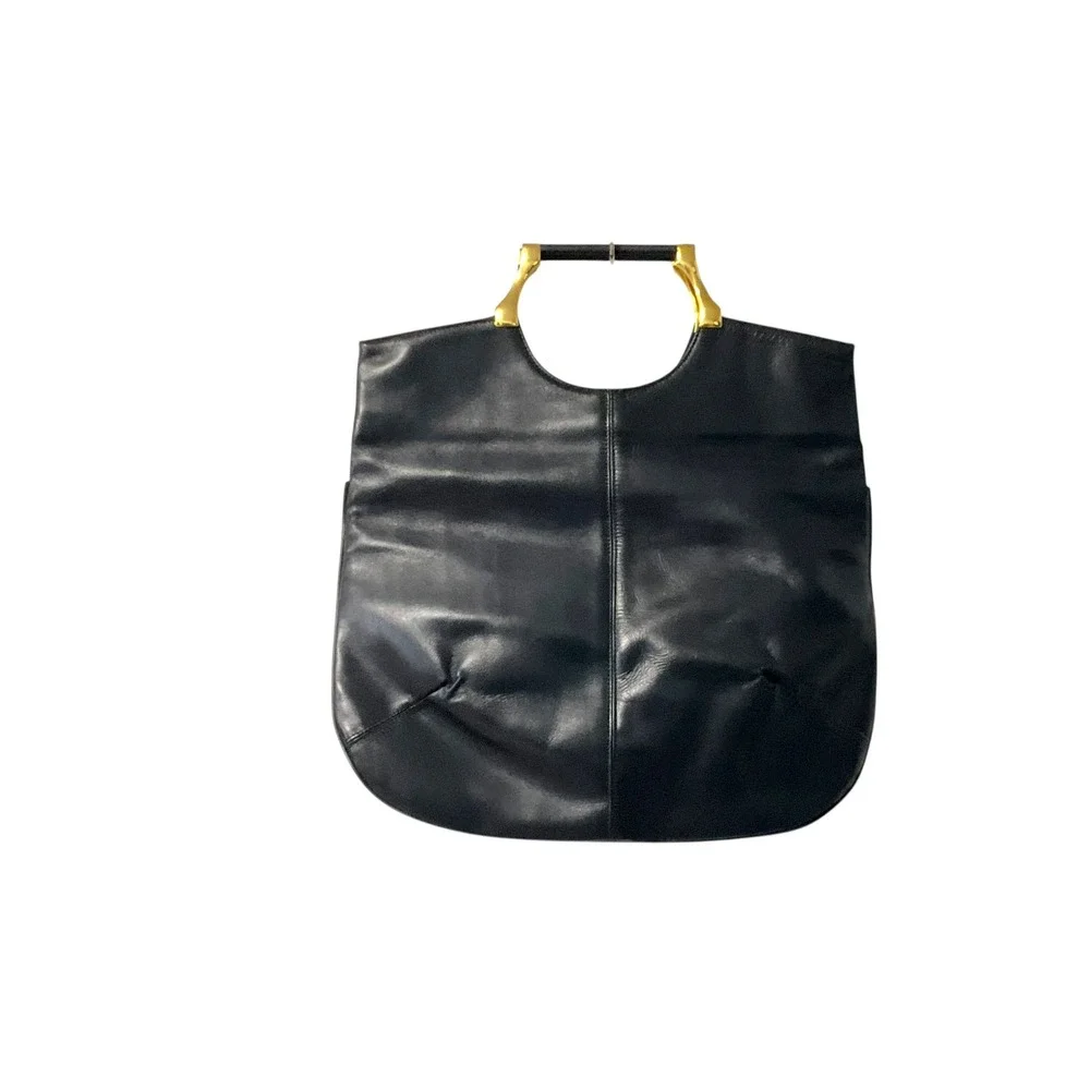 Vintage Style Black Leather Convertible Tote Oversized Clutch‎ Gold Hardware